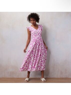 Pink Floral V-Neck Midi Dress with Ruffle Sleeves